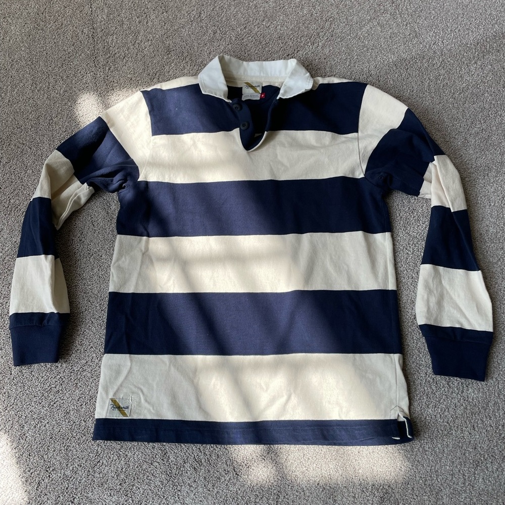 New, Navy and White Striped Tracksmith Rugby Shirt